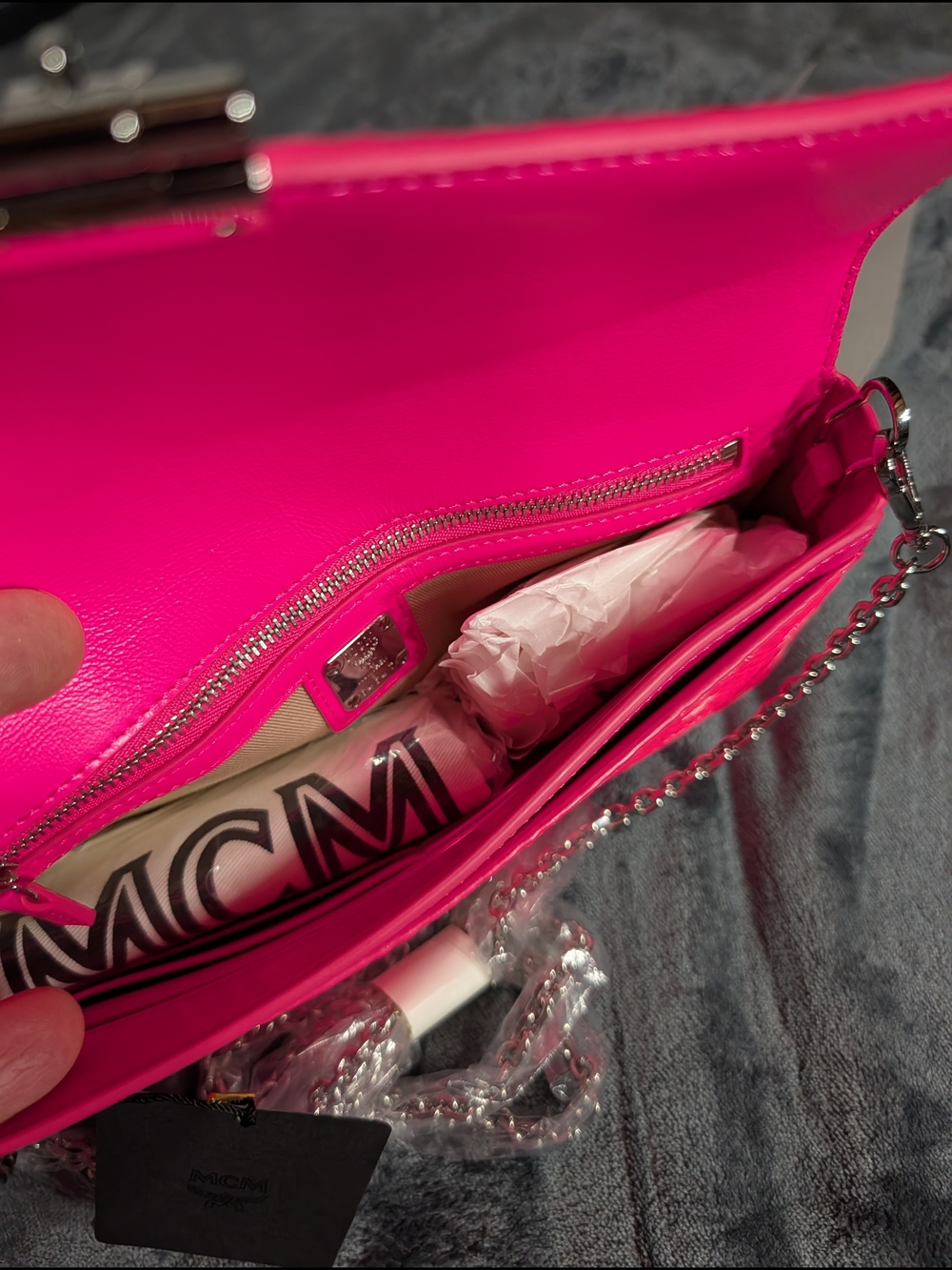 MCM Pink Logo Leather Clutch, Millie Sm Crossbody In Neon Pink & Silver Hardware - Picture 12 of 12